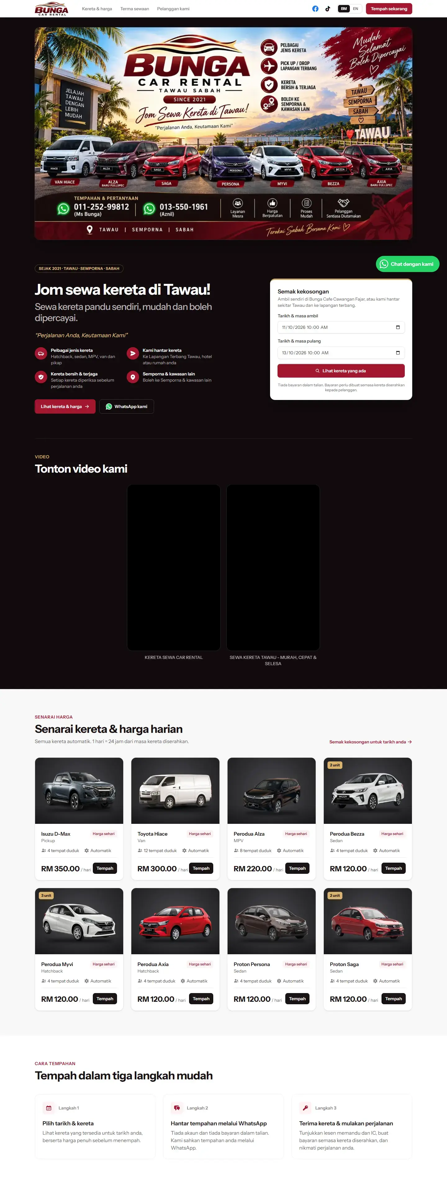 Bunga Car Rental homepage